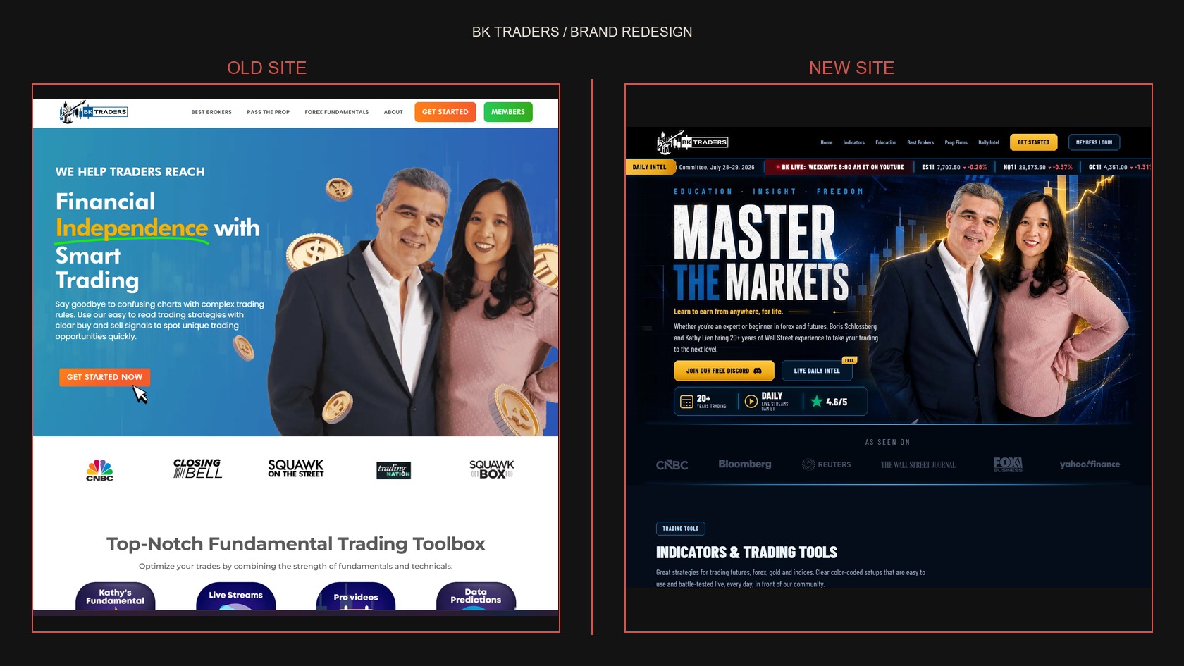 Before-and-after comparison of the old and redesigned BK Traders websites